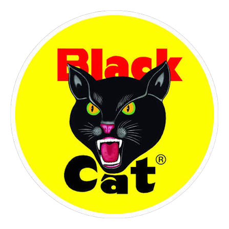 The Black Cat Fireworks logo — a circular badge with a snarling black cat face on a yellow background with "Black Cat" text in red and black. Remove the white background so it is transparent.